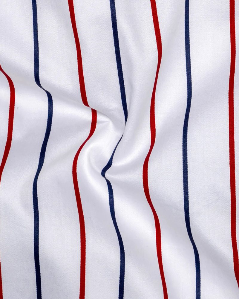 Triastra-Bright White And  Red With  Blue Striped Sheen Super Soft Premium Semi Formal Shirt