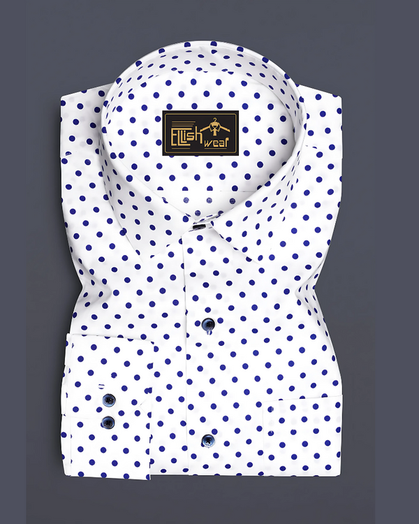 Electric Dot-Bright White And Violent Blue Printed Polka Dotted Premium Cotton Semi Formal Shirt