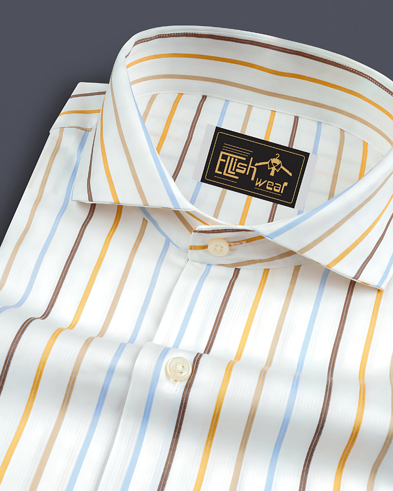 Bright White with Sail blue And Sisal Brown Striped Premium Cotton Shirt