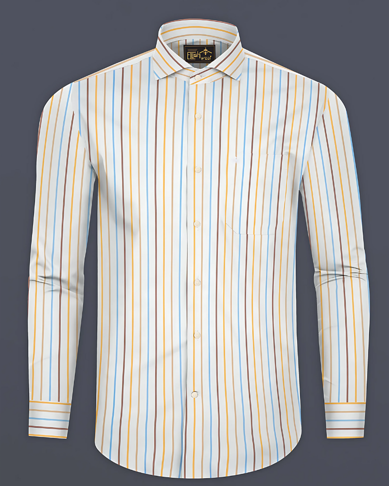 Bright White with Sail blue And Sisal Brown Striped Premium Cotton Shirt