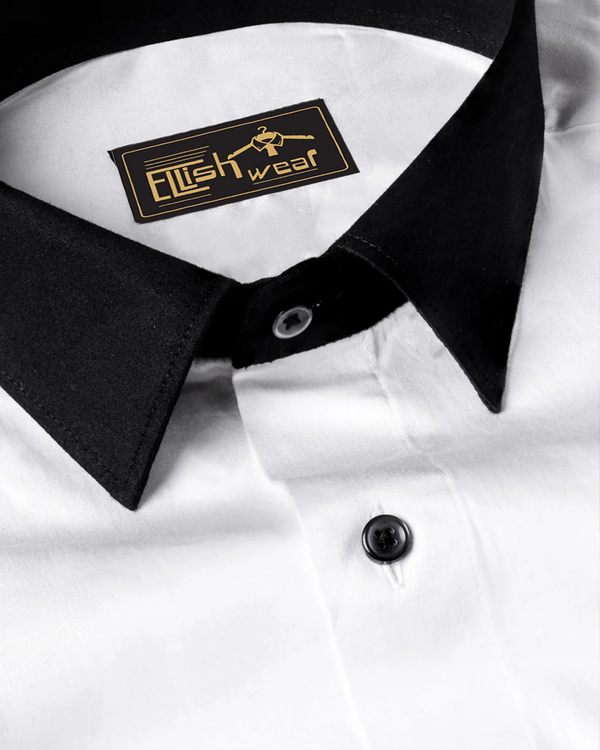 Bright White with Black Cuffs and Collar Dobby Textured Premium Giza Cotton Shirt