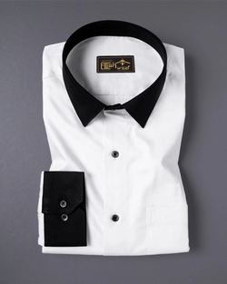 Bright White with Black Cuffs and Collar Dobby Textured Premium Giza Cotton Shirt