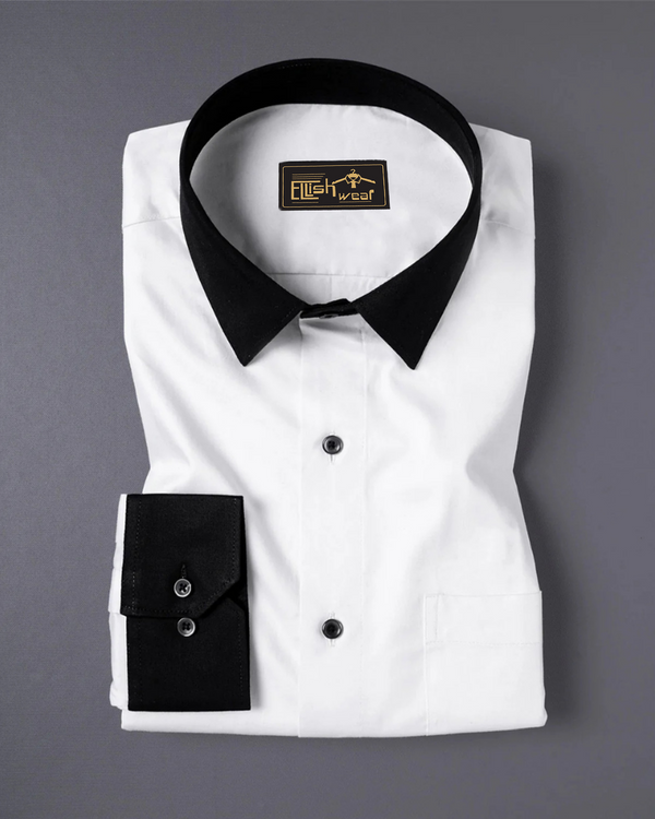 Bright White with Black Cuffs and Collar Dobby Textured Premium Giza Cotton Shirt