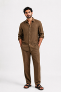 Mocha Brown Textured Linen Cotton Casual Cord Set