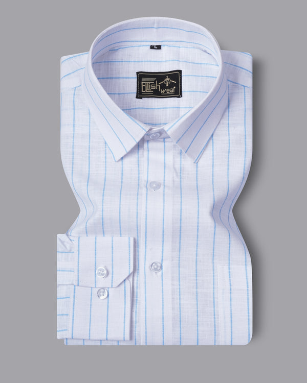 Arezzo Italian Premium Blue Line On White Formal Cotton Shirt For Men