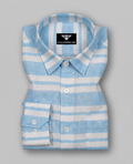 Velmoro Sky Blue & White Striped Premium Cotton Casual Shirt