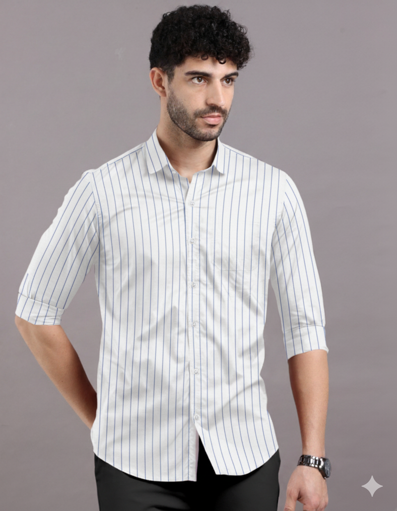Classic Navy Blue Stripes on Crisp White Cotton Men's Formal Shirt