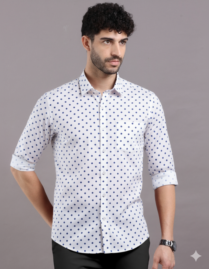 Electric Dot-Bright White And Violent Blue Printed Polka Dotted Premium Cotton Semi Formal Shirt