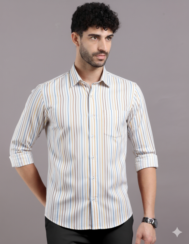Bright White with Sail blue And Sisal Brown Striped Premium Cotton Shirt