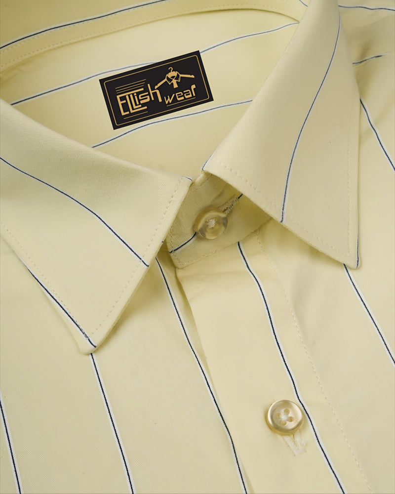 Soft Lemon Yellow with Navy Stripe Premium Cotton Shirt