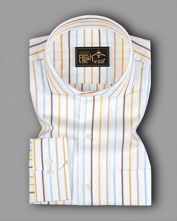 Bright White with Sail blue And Sisal Brown Striped Premium Cotton Shirt