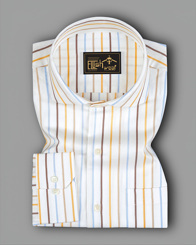 Bright White with Sail blue And Sisal Brown Striped Premium Cotton Shirt