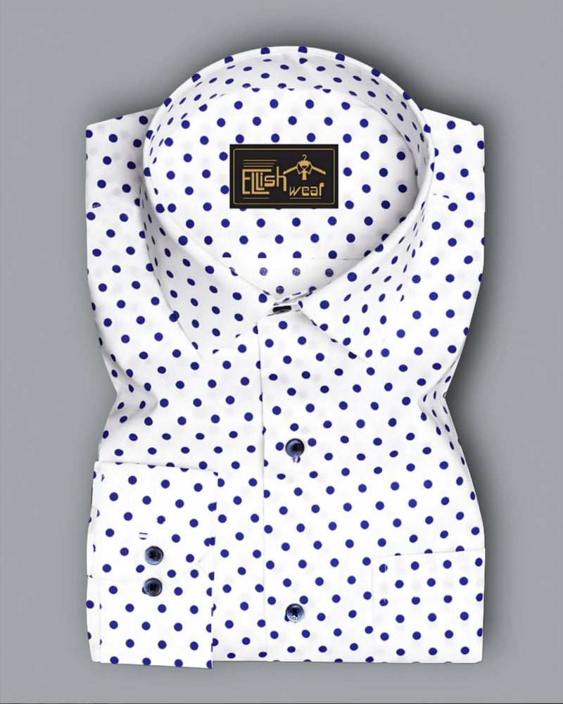 Electric Dot-Bright White And Violent Blue Printed Polka Dotted Premium Cotton Semi Formal Shirt