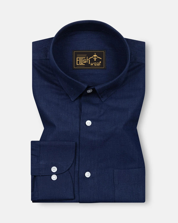Navy Blue Solid Linen Cotton Formal with white button Shirt