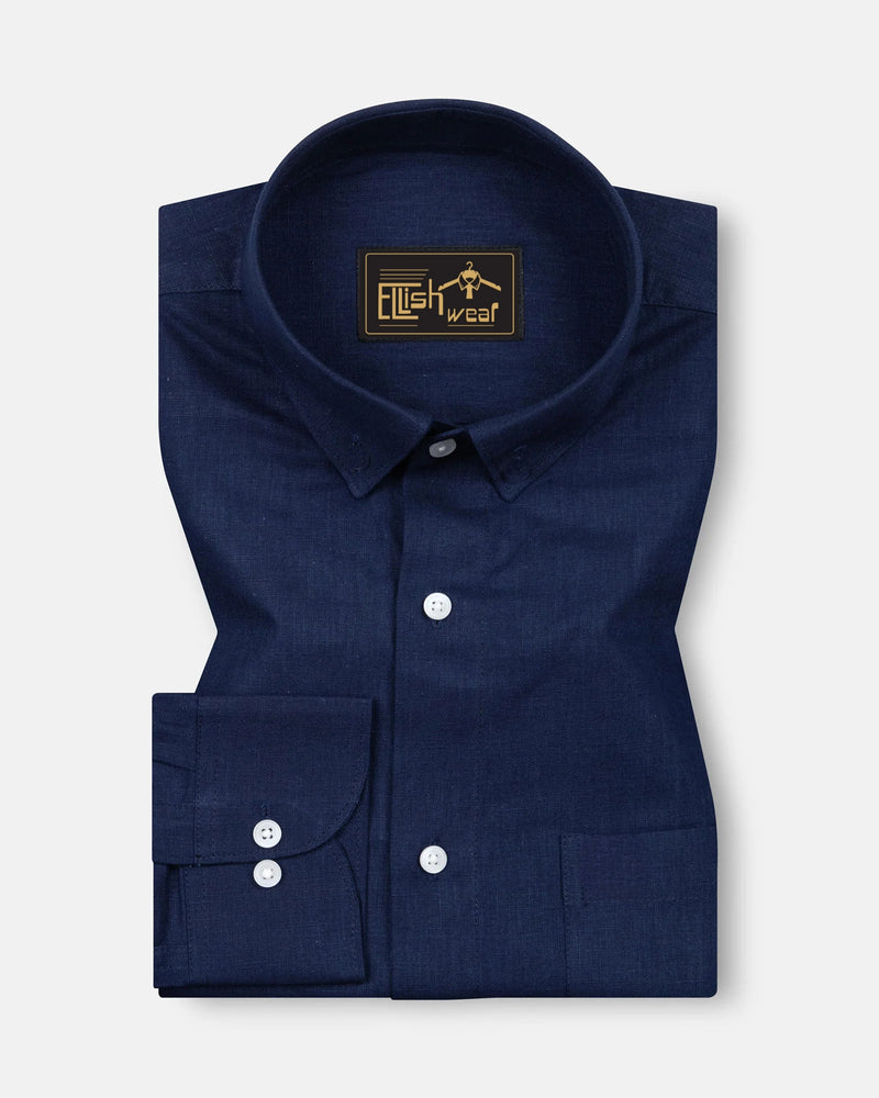 Navy Blue Solid Linen Cotton Formal with white button Shirt