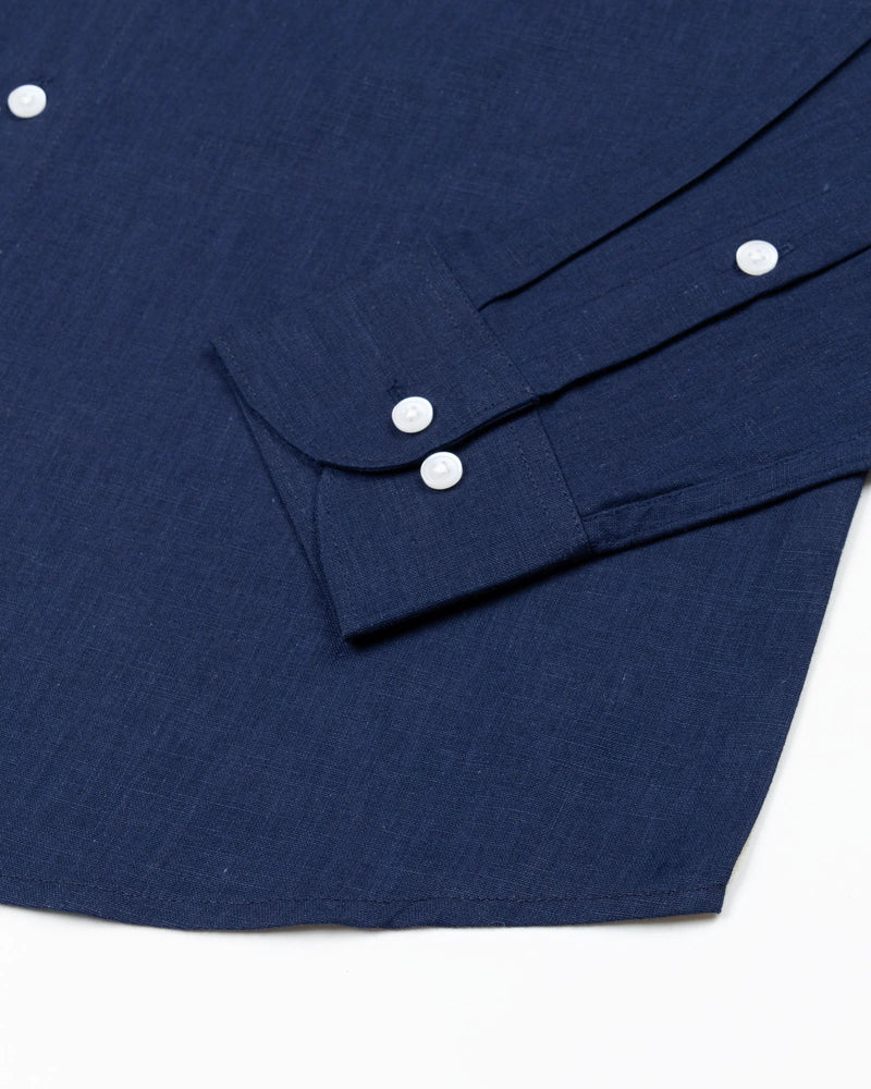 Navy Blue Solid Linen Cotton Formal with white button Shirt