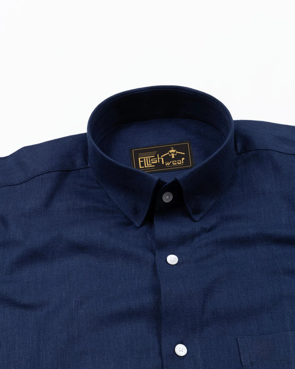 Navy Blue Solid Linen Cotton Formal with white button Shirt