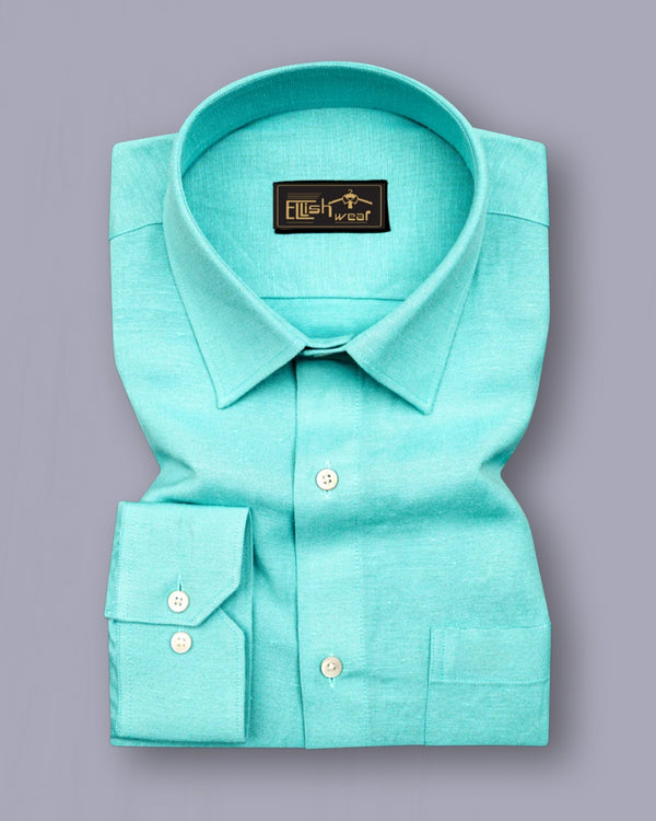 Turquoise Green Linen Cotton Formal Solid with white button Shirt
