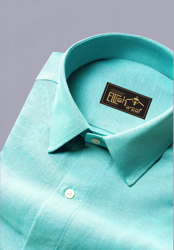Turquoise Green Linen Cotton Formal Solid with white button Shirt