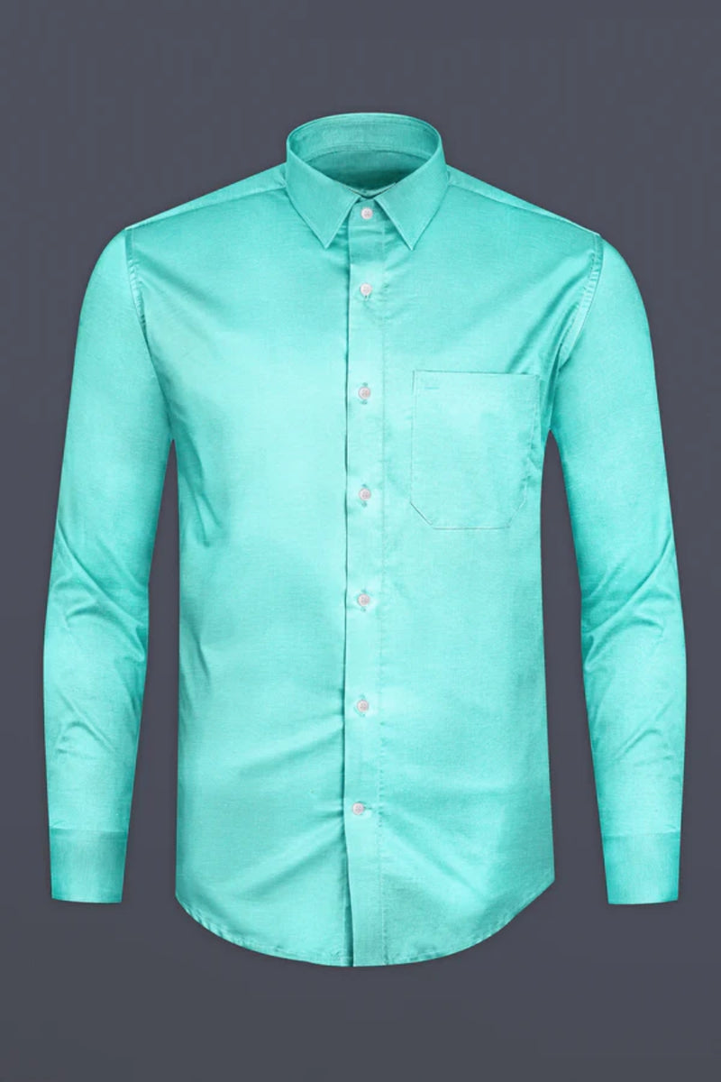 Turquoise Green Linen Cotton Formal Solid with white button Shirt