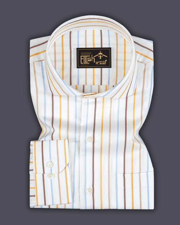 Bright White with Sail blue And Sisal Brown Striped Premium Cotton Shirt