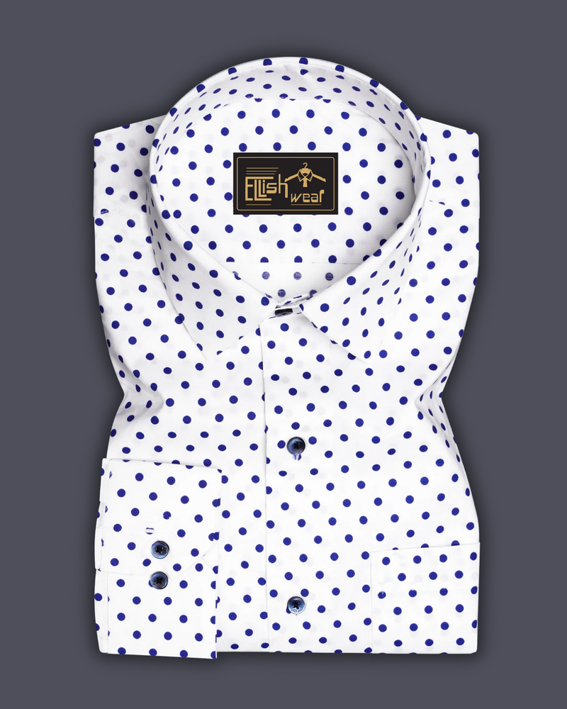Electric Dot-Bright White And Violent Blue Printed Polka Dotted Premium Cotton Semi Formal Shirt
