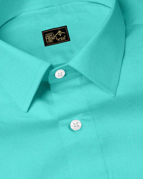 Turquoise Green Linen Cotton Formal Solid Shirt