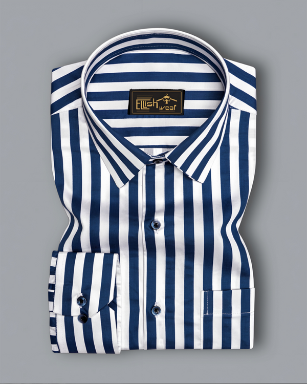 royel Blue and Bright White Striped Subtle Sheen Super Soft Premium Cotton Designer Shirt