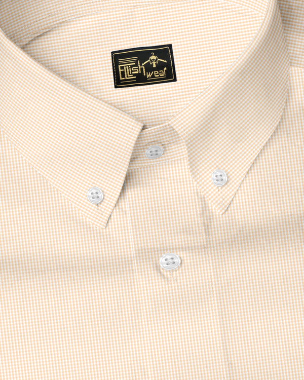 Cream With White Micro Check Button Down Oxford Cotton Shirt