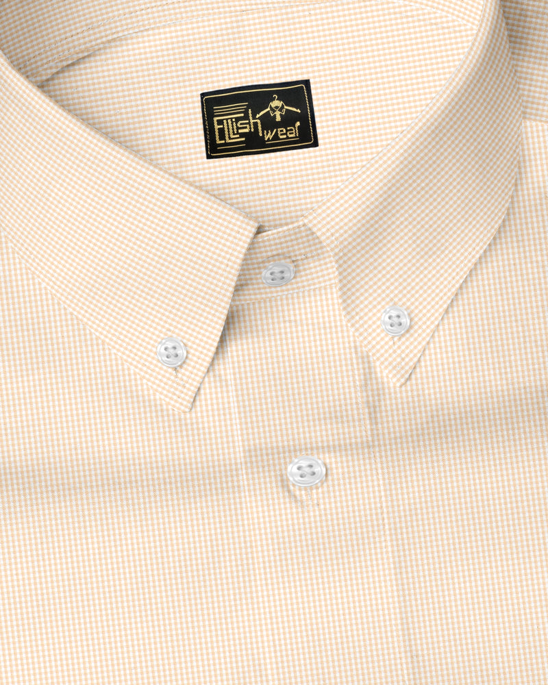 Cream With White Micro Check Button Down Oxford Cotton Shirt