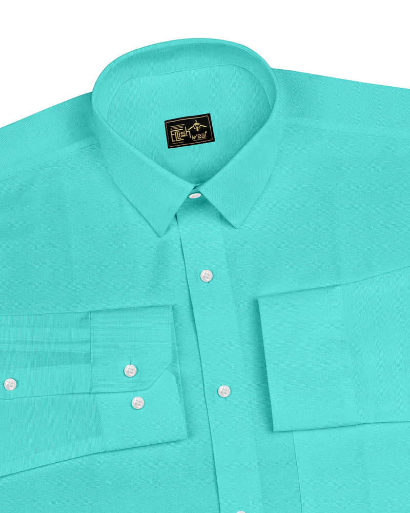 Turquoise Green Linen Cotton Formal Solid Shirt