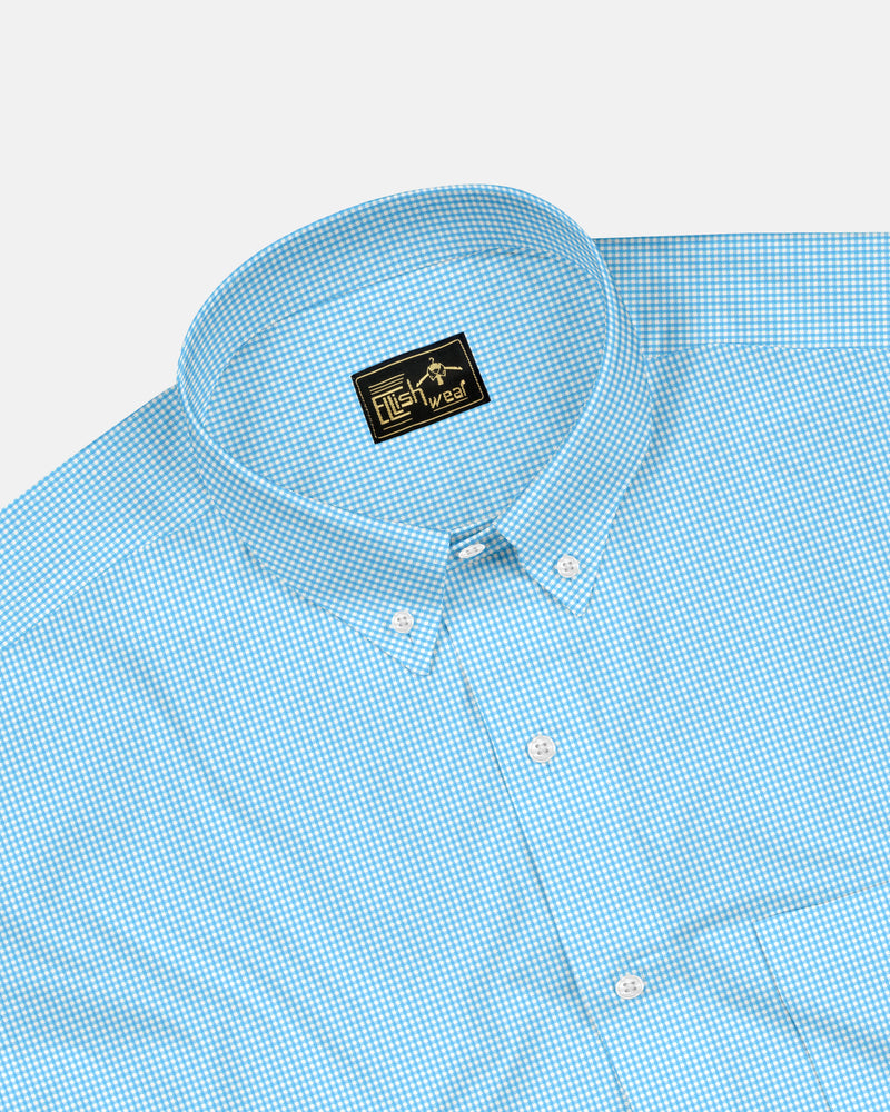 blue With White Micro Check Button Down Oxford Cotton Shirt
