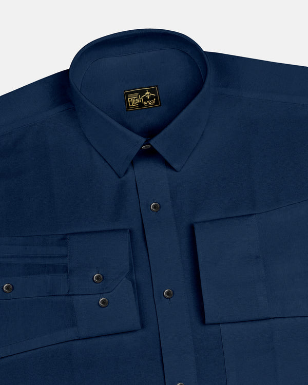 Navy Blue Solid Linen Cotton Formal Shirt