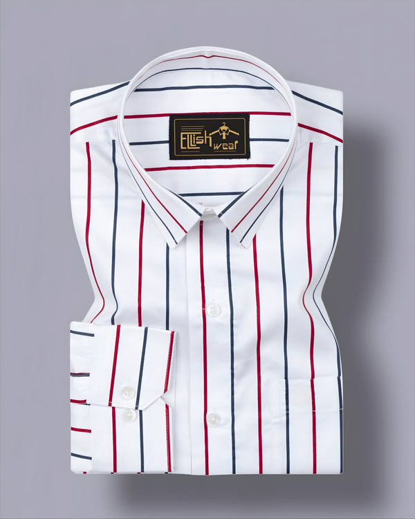 Triastra-Bright White And  Red With  Blue Striped Sheen Super Soft Premium Semi Formal Shirt