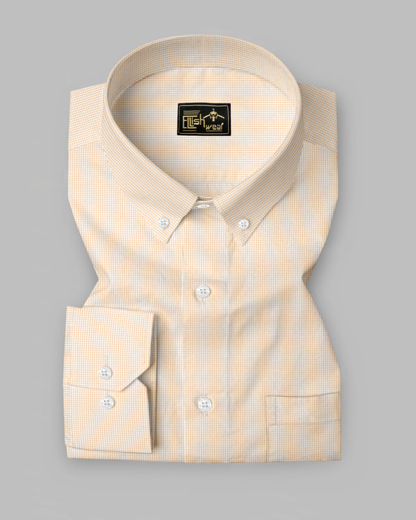Cream With White Micro Check Button Down Oxford Cotton Shirt
