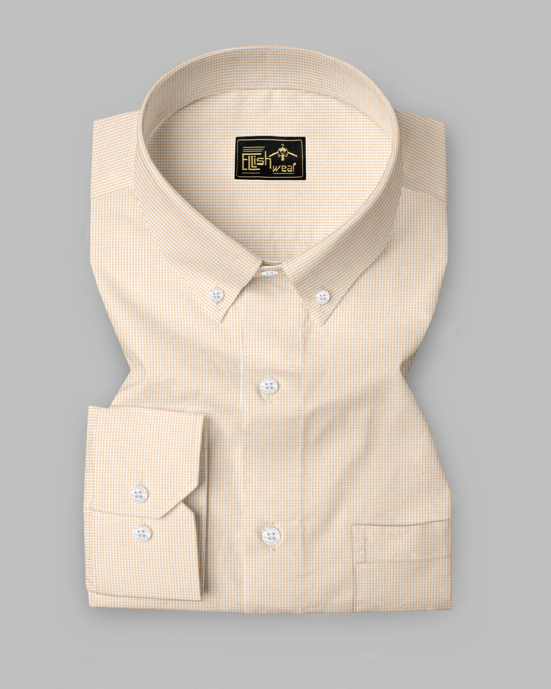 Cream With White Micro Check Button Down Oxford Cotton Shirt