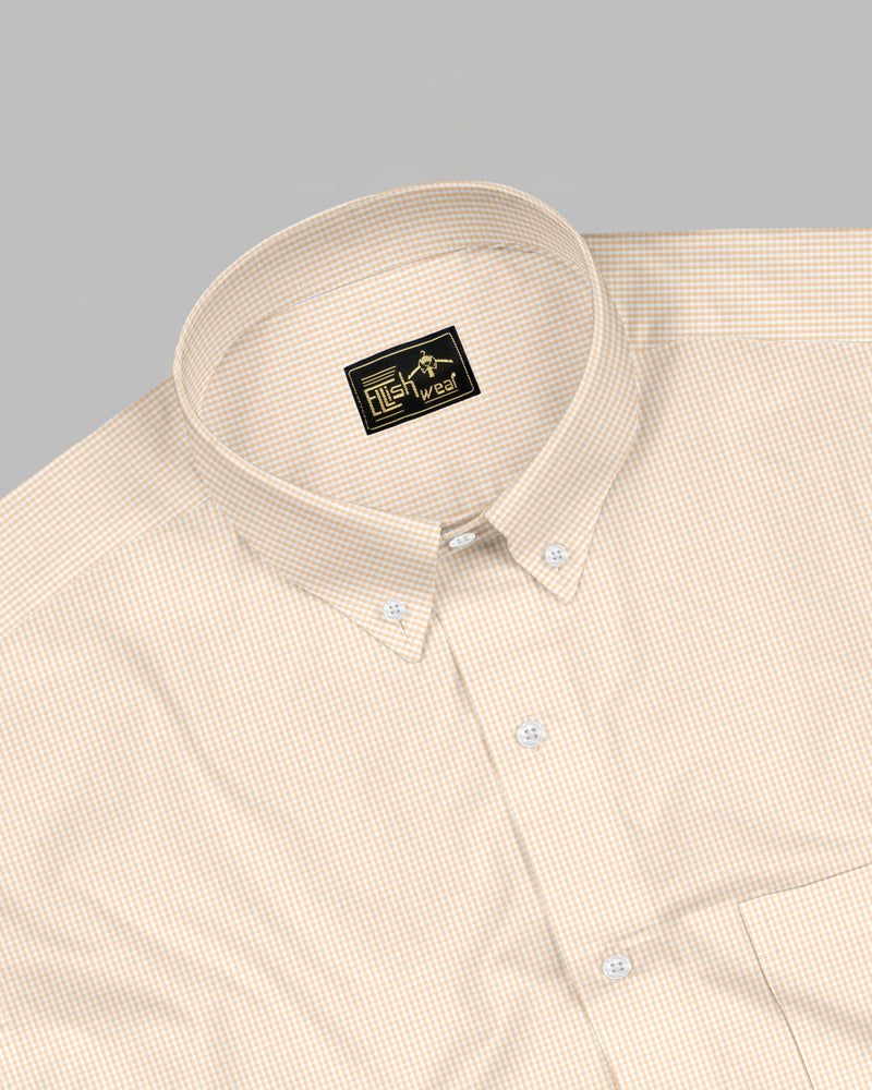 Cream With White Micro Check Button Down Oxford Cotton Shirt