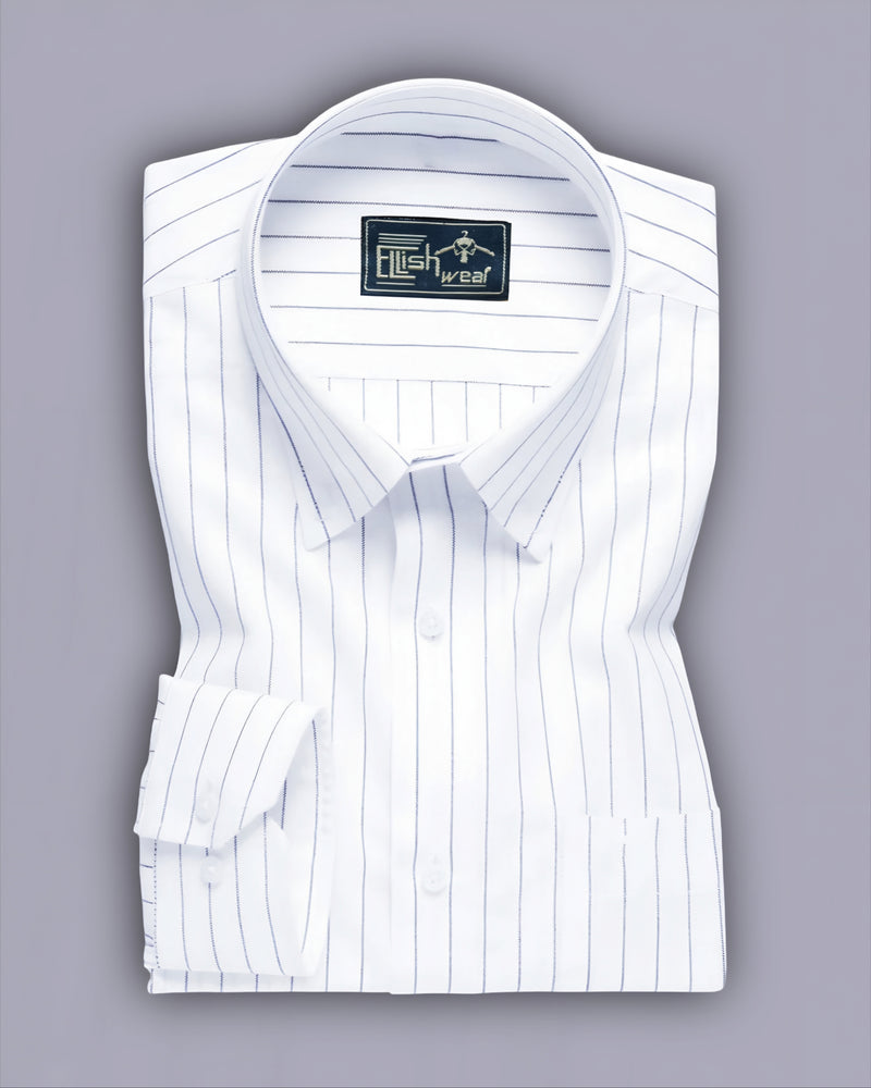 Classic Navy Blue Stripes on Crisp White Cotton Men's Formal Shirt