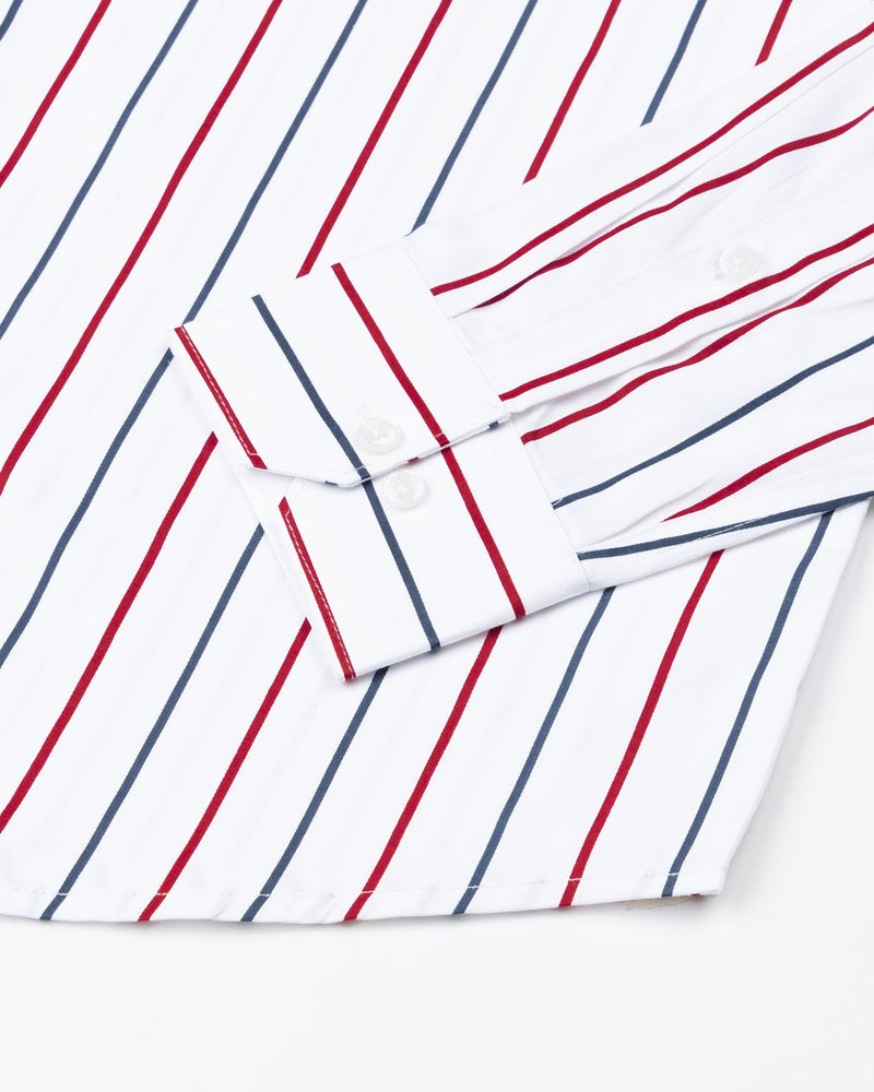 Triastra-Bright White And  Red With  Blue Striped Sheen Super Soft Premium Semi Formal Shirt